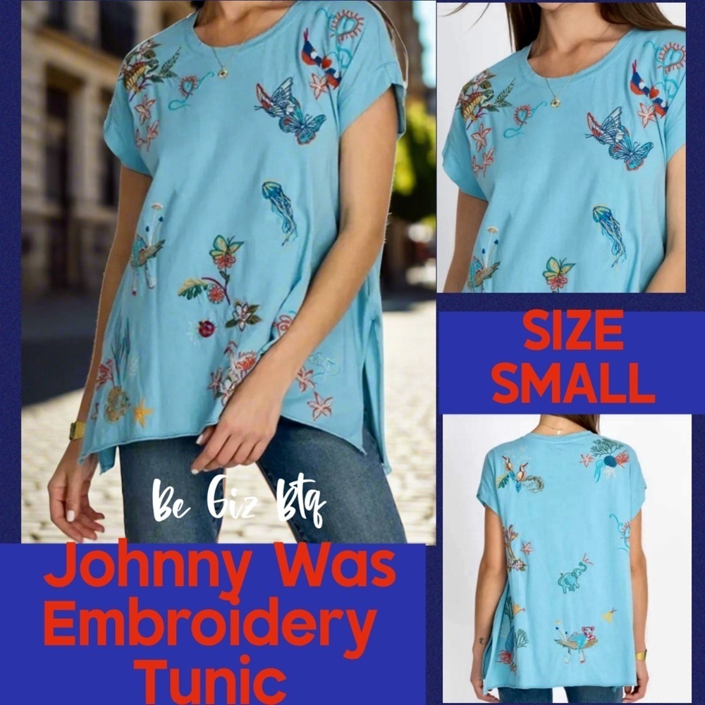 NWT Johnny Was Zoe Embroidered Marine Blue Draped T-Shirt Size Small